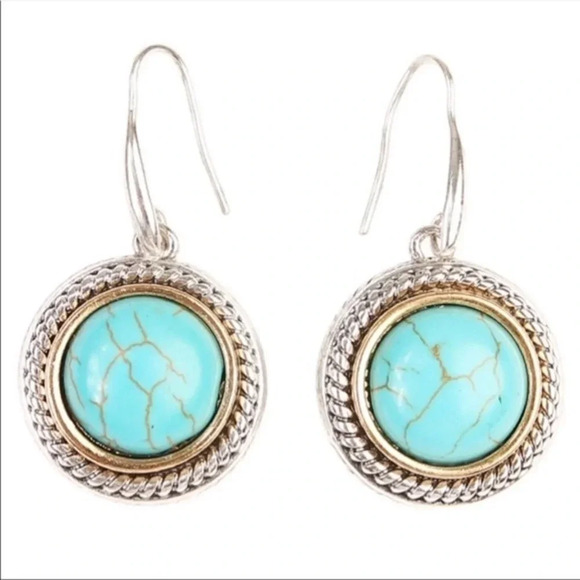Boho Western Turquoise Drop Earrings | Silver Rope Accent Dangle Jewelry - Picture 1 of 2
